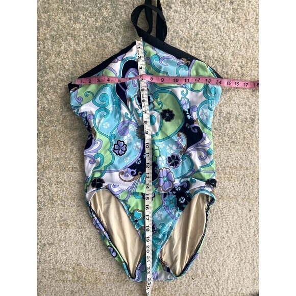 AMOENA Swimsuit 12 Blue Purple Mastectomy One Piece Halter Floral - Picture 2 of 6